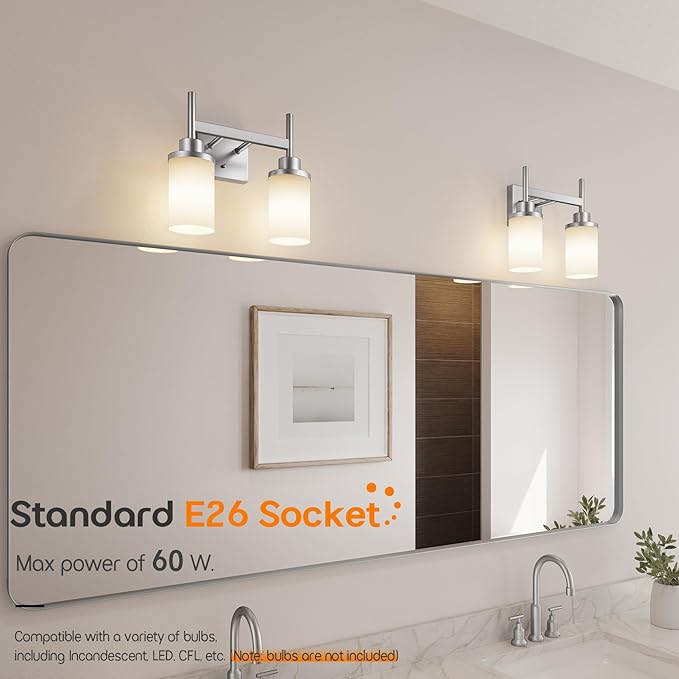 Bathroom Light Fixtures Brushed Nickel Vanity Lights with White Frosted Glass Shade, Double Wall Lamps for Mirror Kitchen Living Room Porch T001BR-L2