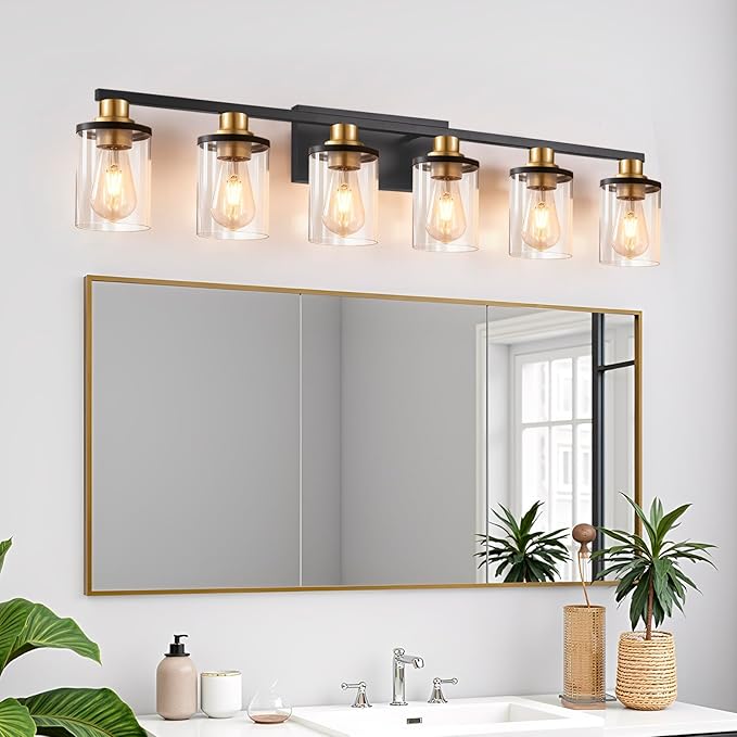 Modern 6-Light Bathroom Vanity Light Fixtures Over Mirror, Black Wall Lamp for Over Sink Bathroom，Farmhouse Wall Sconces with Clear Glass Shade for Bedroom,Living Room