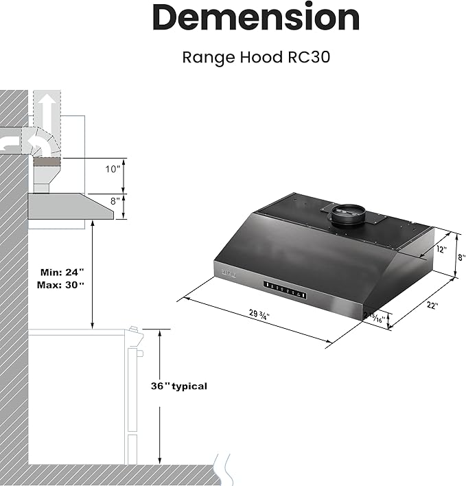 30 inch Range Hood Stainless Steel(PVD), Black Stove Hood with 900 CFM with 1.5 Sones Quiet,3 Speed Exhaust Fan Hood Vents for Kitchen,Under Cabinet Range Hood with GU10 LED Lights