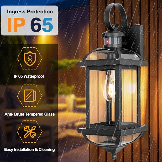 Motion Sensor Porch Lights Dusk to Dawn, 19 Inch Enclosed Bottom Anti-Rust Aluminum Black Outdoor Light fixtures 2 Pack Large Exterior Light Outdoor Wall Lights for House Garage Patio