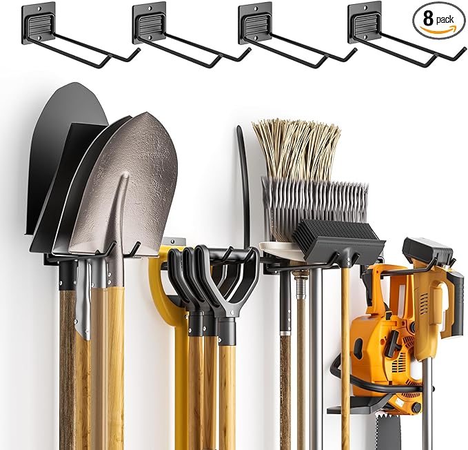 Wall Mount Garden Tool Holder Organizer Rack, Garage Tool Organizer Storage Hook for Yard Shed, Metal Garage Garden Tool Hanger for Lawn Organizer Holds Shovel,Rakes,Brooms,Hoses 8 Pack