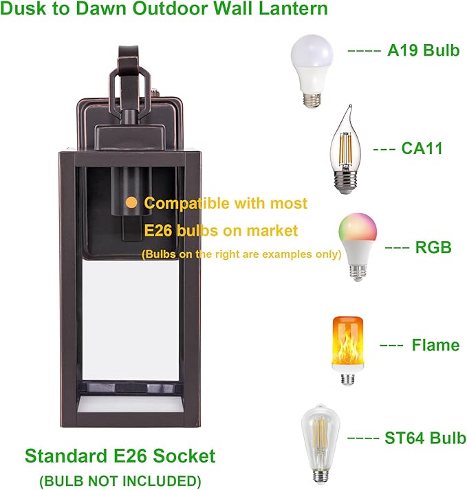 LIT-PaTH Dusk to Dawn Outdoor Wall Lantern, Wall Sconce as Porch Lighting Fixture, E26 Medium Base Max 60W, Anti-Rust Metal with Glass Shade, Oil Rubbed Bronze Finish, 1-Pack