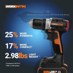 Worx Nitro 20V Cordless 1/2" Drill Driver With Brushless Motor - Compact & Lightweight Set Only 6" and 3 lbs. - Power Share Compatible WX130L - Batteries & Charger Included