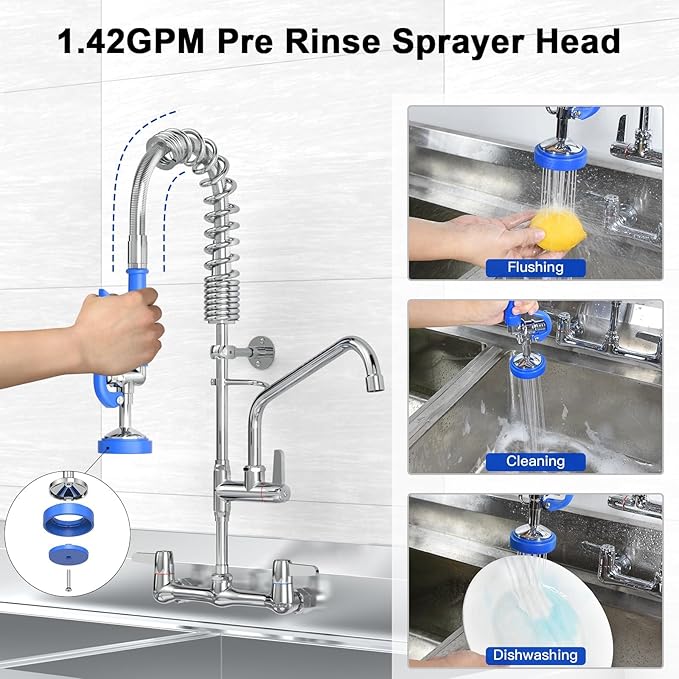 Commercial Faucet with Sprayer 25" Height 8" Adjustable Center 10" Swing Spout,Brass Constructed Wall Mount Kitchen Sink Faucet with Pull Down Pre-Rinse Sprayer for 1/2/3 Compartment Sink