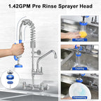 Commercial Faucet with Sprayer 25" Height 8" Adjustable Center 10" Swing Spout,Brass Constructed Wall Mount Kitchen Sink Faucet with Pull Down Pre-Rinse Sprayer for 1/2/3 Compartment Sink