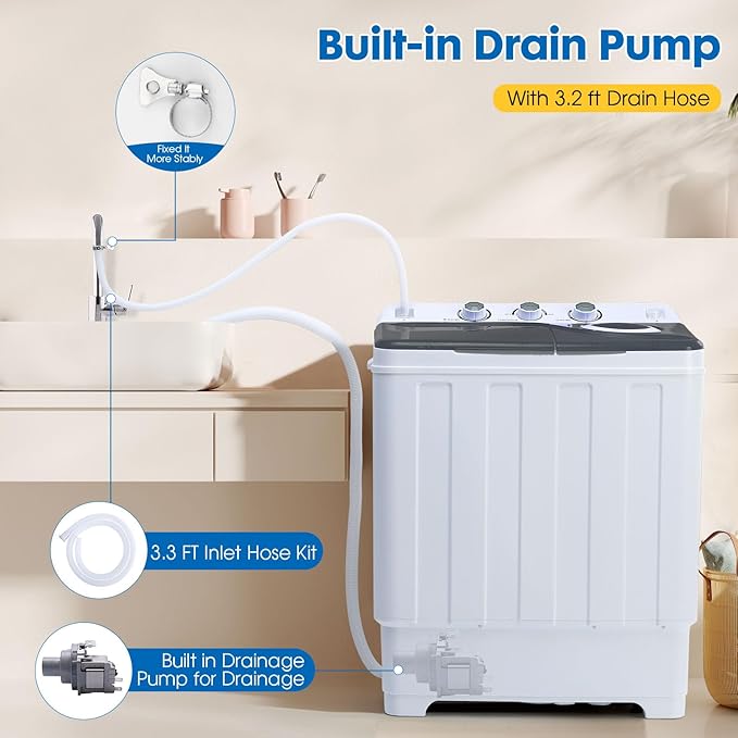 28lbs Portable Washing Machine with 18lbs Wash and 10lbs Spin, Twin Tub Washer Compact Machine with Drain Pump, Mini Portable Washer for Home, Camping, RVs, and Small Spaces, Grey