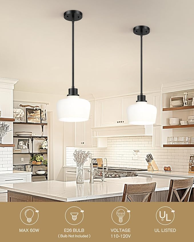 Emak Modern 10 Inch Milk Glass Pendant Lights Kitchen Island, Farmhouse Black Pendant Light Fixtures Large Hanging Lights for Kitchen, Dining Room, PL126-BK-ML