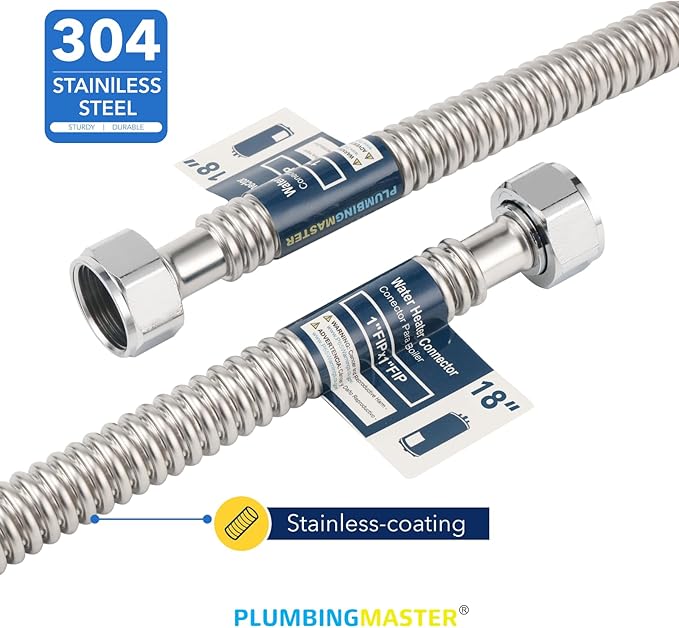 Stainless Steel Corrugated Water Heater Connector, 18-Inch, 3/4" FIP* 3/4" FIP hot and cold Corrugated Water flexible hose, Leak-Proof, 10-Year Warranty, 2-pack