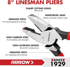 ARROW 8" High Leverage Linemans Pliers, Side Cutters, Linesman Pliers for Wire Cutting, Gripping