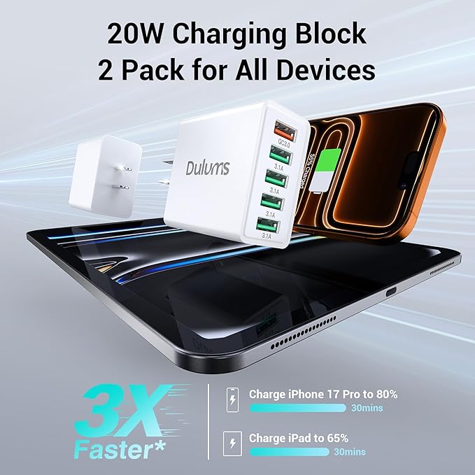 50W USB Wall Charger Block,2Pack 5-Port Charger Fast Charging Block QC 3.0 Multiport Box Brick Cube USB A Wall Plug for iPhone 17/16/15/14 Pro Max Plus, iPad,Galaxy, LG, Moto, Android Phones,AirPorts
