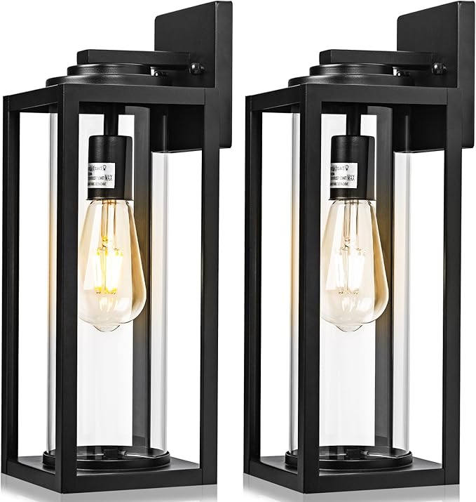 16inch Large Outdoor Wall Lights - 2 Packs Modern Black Exterior Light Fixture with Clear Glass Shade, Waterproof Porch Lighting for House, Farmhouse Sconces Lantern for Front Door, Garage