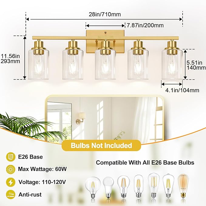 5-Light Bathroom Vanity Light with Clear Glass Shades, Brushed Gold Bathroom Light Fixtures Over Mirror, Modern Vanity Light for Mirror Living Room Cabinet Bedroom Porch
