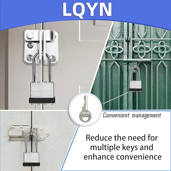 Padlocks with Same Key, LQYN 60 Pcs Laminated Keyed Padlock (1-9/16", 40mm), Keyed Alike Locks, Long Shackle, for Storage Locker, Hasp Latch, Toolbox, Sheds