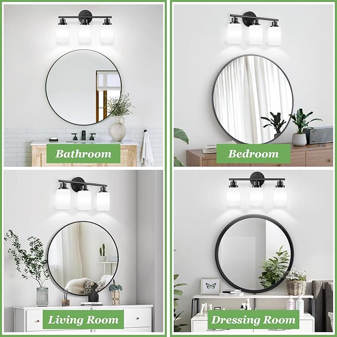 3-Light Bathroom Light Fixtures, Black Vanity Lights for Mirror with Textured Milky White Glass Shade, E26 Base Modern Kitchen Light Fixtures Wall Sconce Light