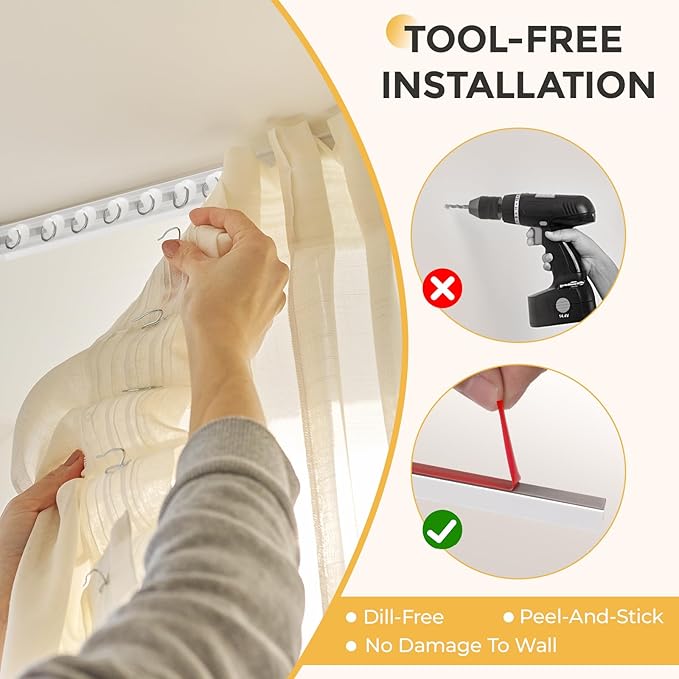 13.5FT Self Adhesive Ceiling Curtain Track No Drill, Curtain Track Ceiling/Wall Mount, Unbendable & Cuttable Track Curtain Rod for RV, Windows, Living Room, Bedroom