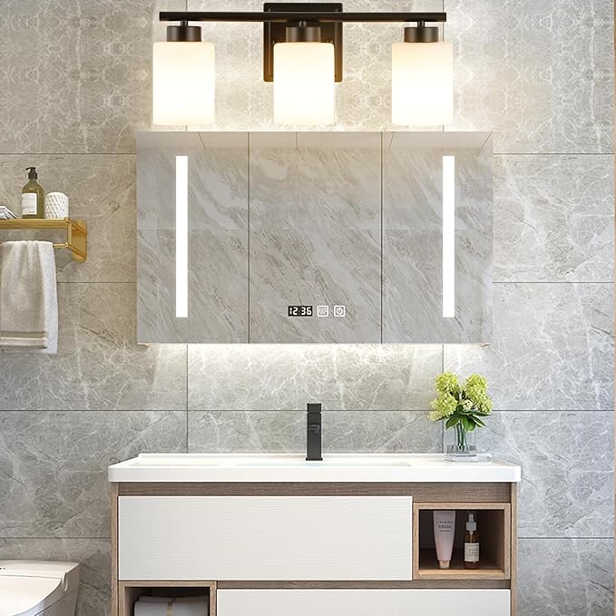 3 Light Bathroom Light Fixtures, 19.2 Inches Vanity Lights for Mirror, Black Vanity Lighting Fixtures with Milky White Glass Shades