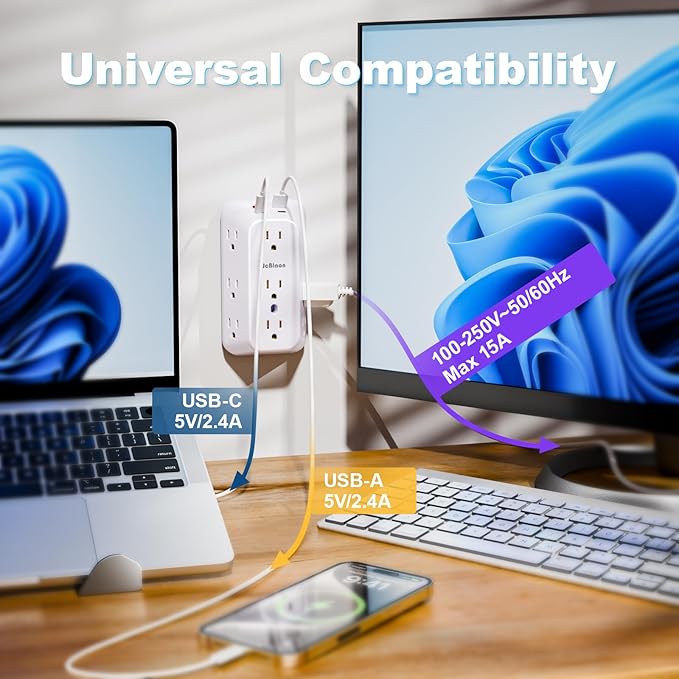 Outlet Extender Wall Charger with Multi Plug Adapter 9 AC Outlets 4 USB Charging Ports 1875W 1050J Surge Protector Power Strip Spaced Splitter for Home, Travel, Dorm Room Essentials