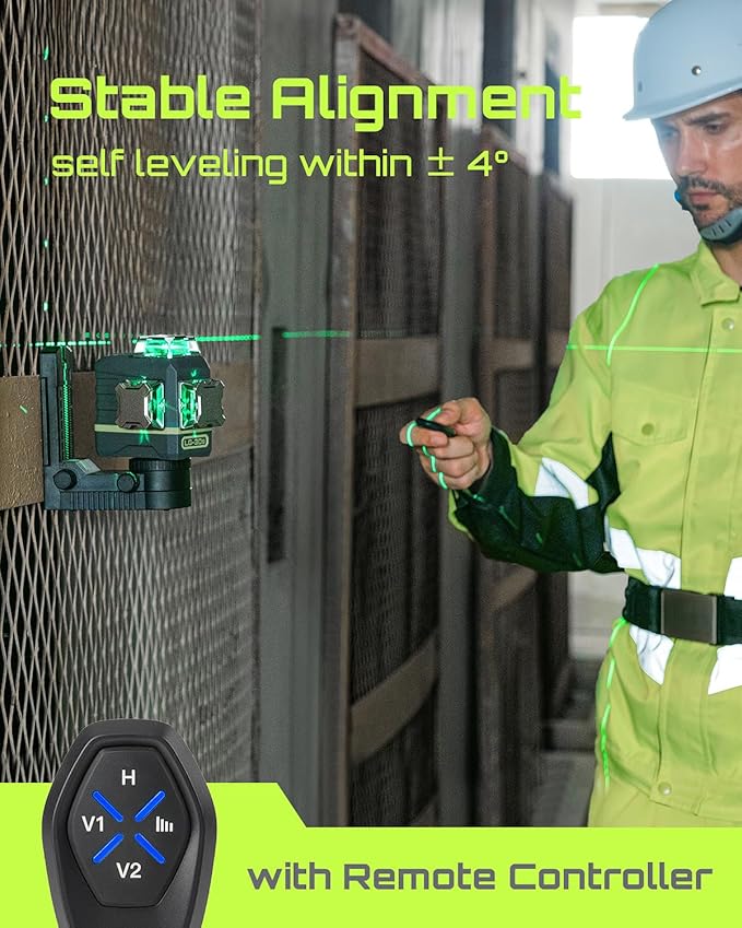 LasGoo Laser Level Self Leveling 360°x3 Green Cross Line Laser Tool for Construction and Picture Hanging, Remote Control, Professional Magnetic Rotating Stand, 2 Rechargeable Batteries - LG-3Ds