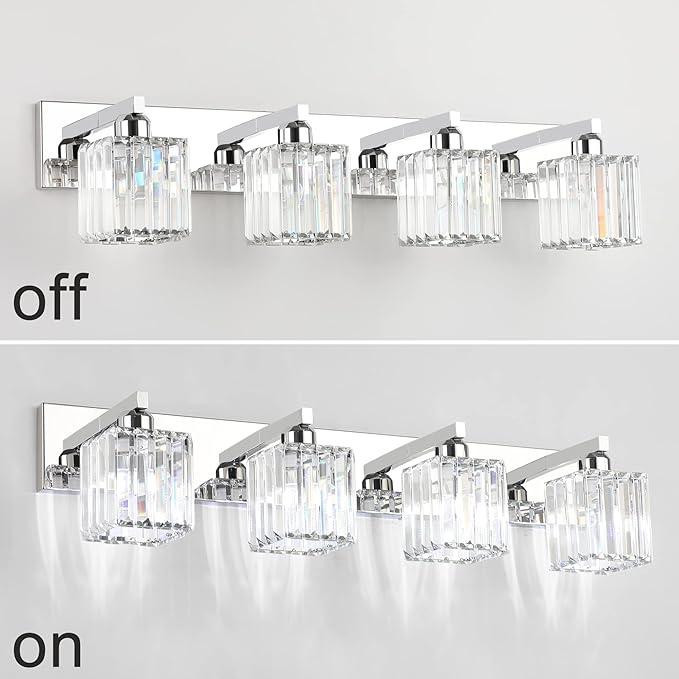 Aipsun Bathroom Light Fixtures Crystal Modern Vanity Lighting Fixtures 4 Light Chrome Bathroom Vanity Light (Exclude Bulb)