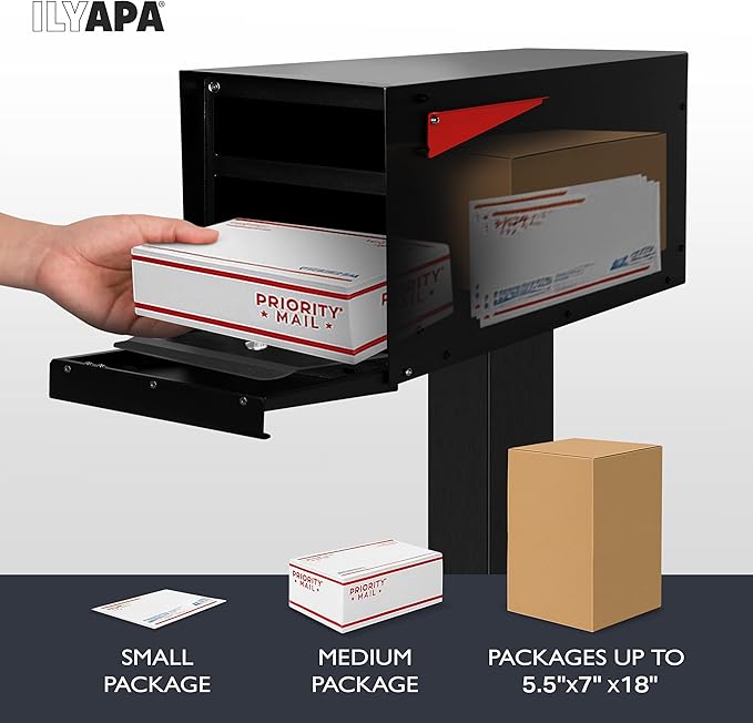 Ilyapa Locking Mailbox with Lock and Key Modern Mailboxes for Outside Post Mount - Black Exterior Powder Coated Steel Heavy Duty Welded Mailbox