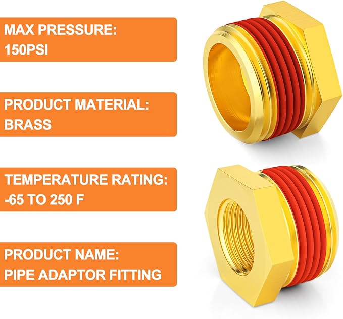 GASHER 2Pcs Brass Reducer Hex Bushing 1" NPT Male x 1/2" NPT Female, Brass Threaded Pipe Fitting With Sealant