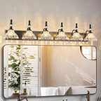 Vintage Bathroom Vanity Light, 6-Light Black Vanity Lighting Fixture with Flower Glass Shade, Bathroom Lighting Fixtures Over Mirror