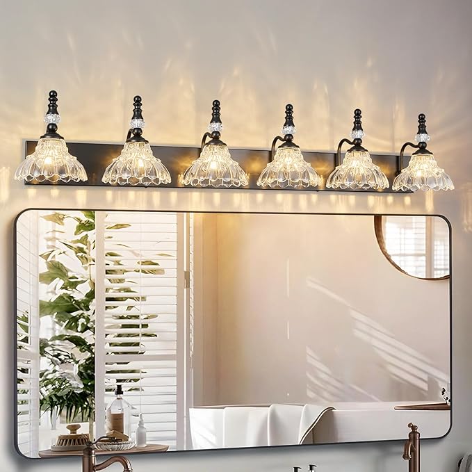 Vintage Bathroom Vanity Light, 6-Light Black Vanity Lighting Fixture with Flower Glass Shade, Bathroom Lighting Fixtures Over Mirror