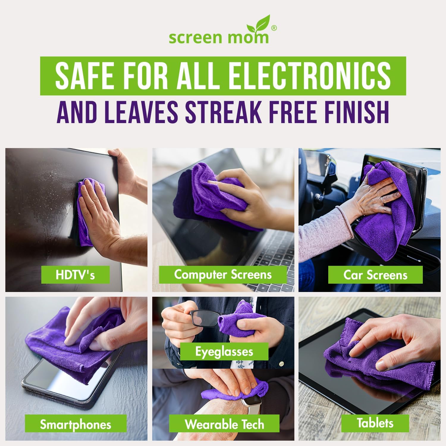 Screen Mom Screen Cleaner Purple Microfiber Cloths (4-Pack) - Microfiber Screens Cleaner Cloths, TV Cleaning Cloth for Electronic Cleaners, Laptop, Computer & Car Screens Cleaning Kit, TV Cleaners