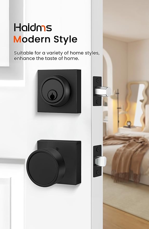 Haidms Black Door Knobs with Deadbolt, Zinc-Alloy Matte Black Exterior Door Knobs, Heavy Duty Front Door Knob and Deadbolt Set(2 Pack)