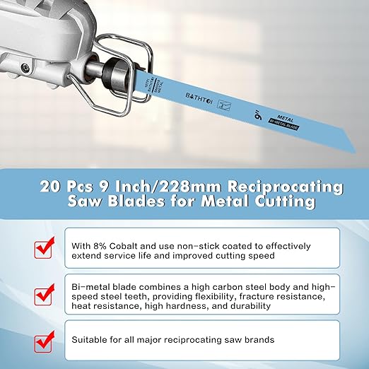 20 Pack 9 Inch 18 Tpi Reciprocating Saw Blades with 8% Cobalt for Longer Life and Faster Cutting Speed, Bi-Metal Sawzall Blades for Sheet Metal, Pipes, PVC Plastic, Profiles Cutting