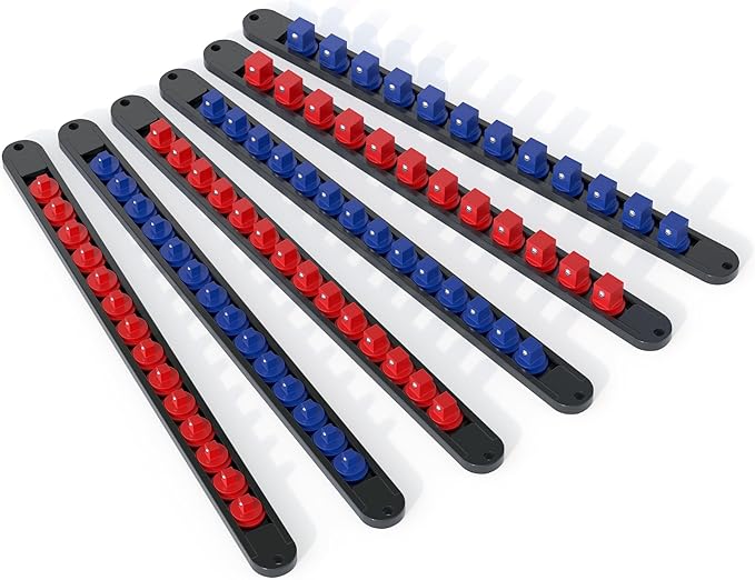 FIVEPEARS 6PCS 360° Socket Organizer Twist Lock,3/8 1/4 1/2 Socket Storage Rails, Premium Quality Socket Holders for Tool Box ，Tool Carts，Contains up to 80 Clips (Blue & Red)