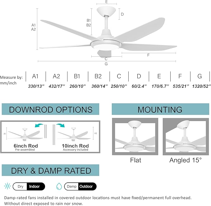 52 Inch Modern White Ceiling Fans with Lights, Ultra Quiet for Low Ceiling Bedroom, Sleep Mode Timer, 9 Speed Remote Control Dimmable LED Light, Easy Install