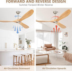 52" Ceiling Fans Without Lights, Solid Wood Ceiling Fan with Remote Control No Light, Modern Ceiling Fan with 3 Blades, Indoor Outdoor Ceiling Fans for Patios, Gazebo(Nature Wood)