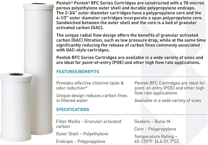 Pentair Pentek RFC-20BB Big Blue Carbon Water Filter, 20-Inch, Whole House Heavy Duty Radial Flow Carbon Replacement Cartridge with Granular Activated Carbon (GAC) Filter, 20" x 4.5", 25 Micron