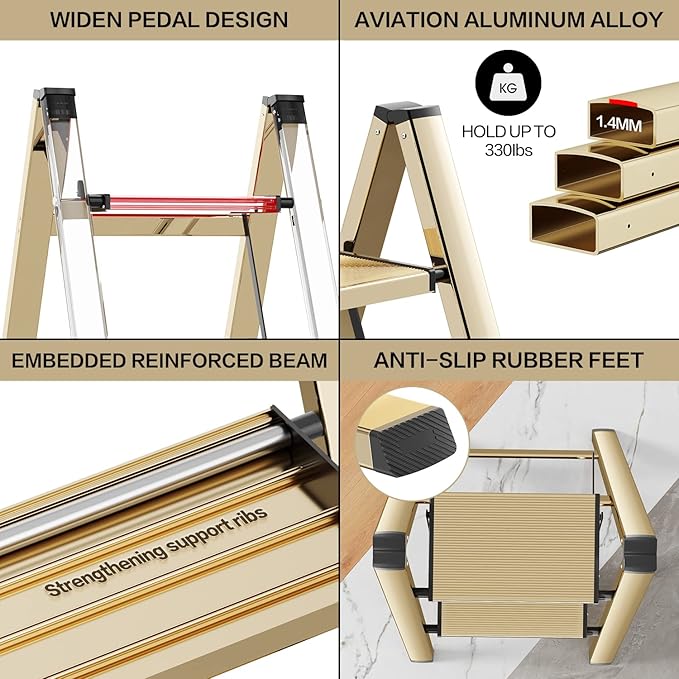 GameGem 2 Step Ladder, Aluminum Folding Step Stool with Anti-Slip Sturdy and Wide Pedal, Lightweight Portable Multi-Use Stepladder for Home and Kitchen Use Space Saving, Gold, 330 lbs
