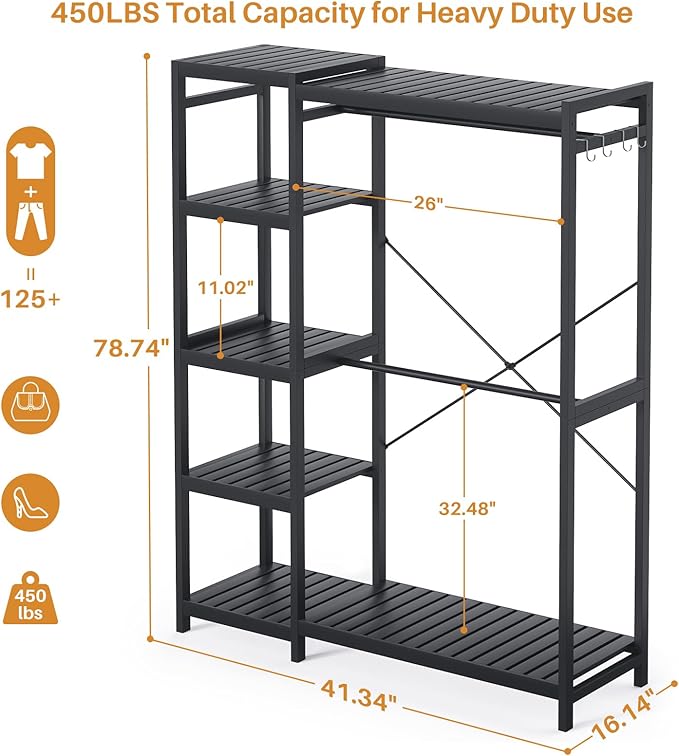 Homykic Bamboo Clothes Rack Garment Rack for Hanging Clothes, Heavy Duty Clothing Rack with 7 Tiers Adjustable Shelves, Double Rods, 4 Hooks, Freestanding Closet System Organizer Wardrobe, Black