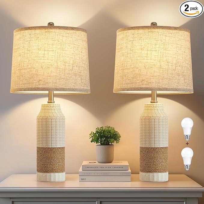 GyroVu Boho Rattan Table Lamps Set of 2, 3 Color Temperature Bedside Table Lamps for Night Stands, Vintage Farmhouse Rattan Table Lamp Antique for Decoration, Bedroom, Living Room, Bedside Table