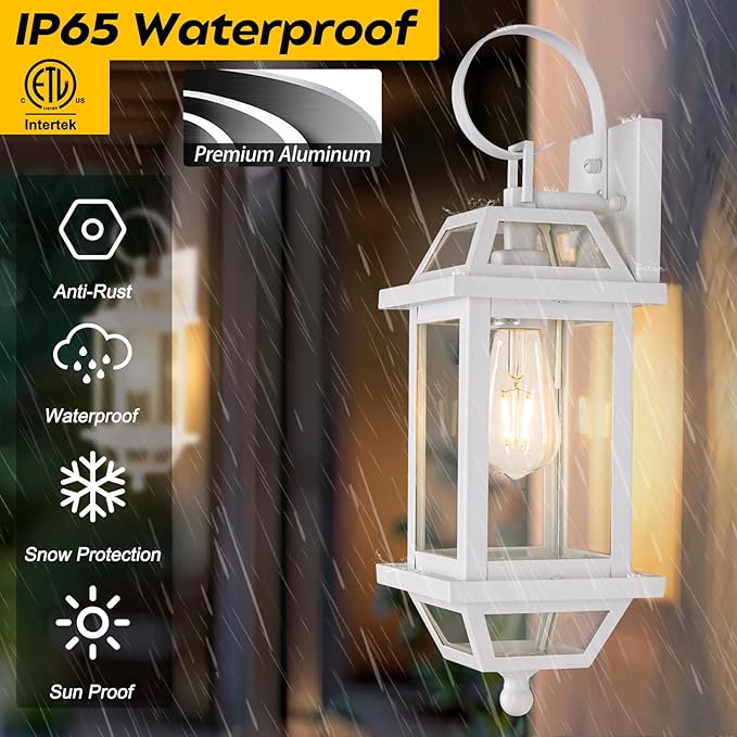 White Outdoor Wall Lantern 2-Pack, Large 18" Aluminum Exterior Wall Sconce Outdoor Porch Lights with Clear Glass, White Carriage Lights Outdoor Enclosed Bottom Outdoor Wall Light for House ETL listed