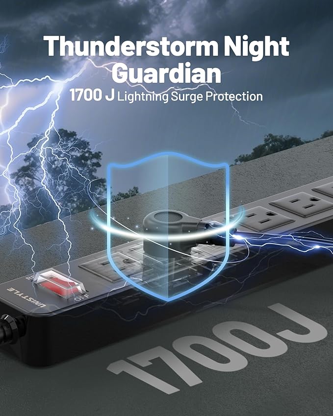 65 FT Outdoor Power Strip Weatherproof with Surge Protector - 6 AC Outlets, Unistyle 1700 J Lightning Protection, IPX4 Waterproof Extension Cord for Christmas Lights, Camping & Pool Parties Black