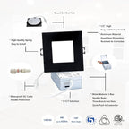 4-inch LED Canless Recessed Slim-Downlight 5 CCT Adjustable Dimmable Recessed Lights Fixture with Junction Box, Ceilling Light with Junction Box, 2700-5000K, 9W, Black Square Finish, 6 Pack