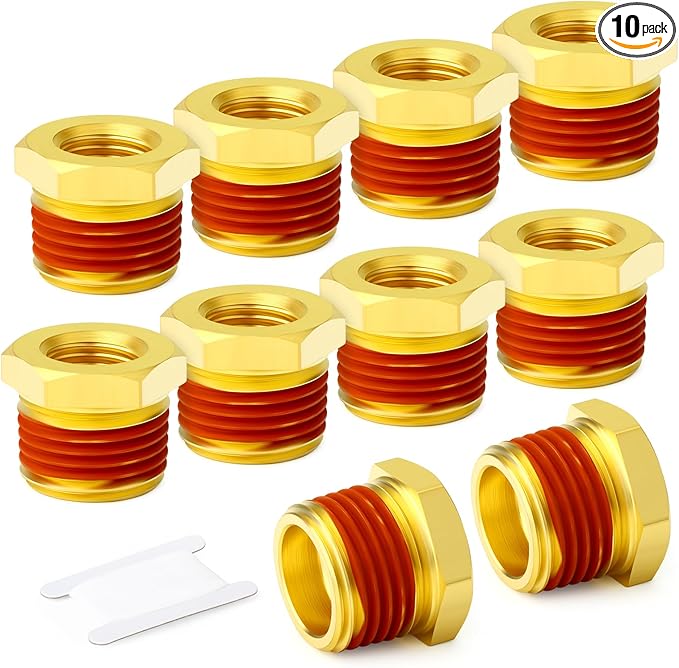 GASHER 10Pcs Brass Reducer Hex Bushing 1/4" NPT Male x 1/8" NPT Female, Brass Threaded Pipe Fitting With Sealant