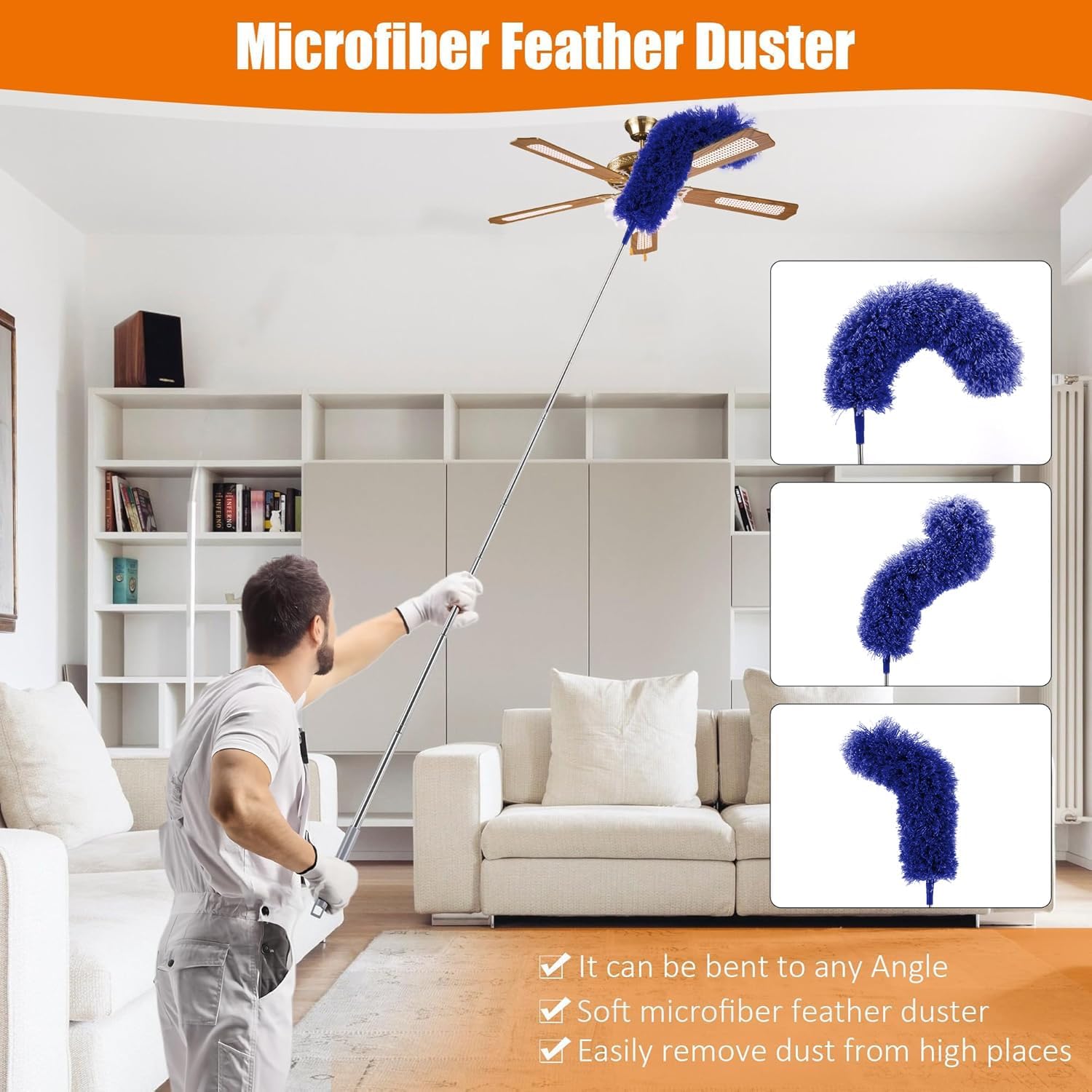 4 Pcs Microfiber Cobweb Duster with 100-inch Extendable Pole, Washable and Reusable Feather Cleaning Duster Kit with 3 Duster Heads,Dusters for Cleaning with Telescopic Pole for High Ceiling Fan,Blue