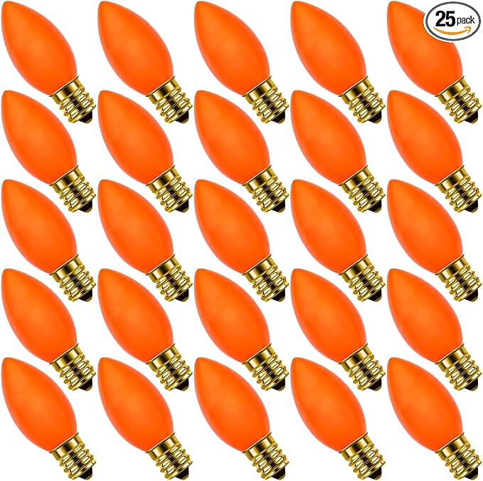 C9 Ceramic Halloween Replacement Bulbs, 25 Pack Orange Light Bulbs for E17 Candelabra Base Outdoor/Indoor String Lights, 7 Watt