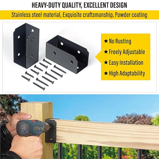 201 Stainless Steel 2" x 4" (Actually 1 ½" x 3 ½") Deck Railing Connector, for Deck Railing, Handrail, Barn and Beam end Connection Installation (36pc-Black)