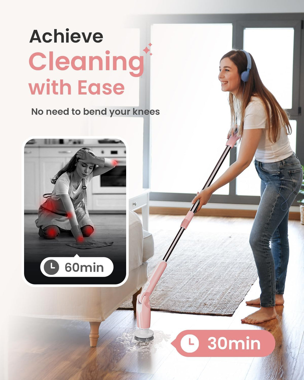 Leebein Electric Spin Scrubber, Shower Scrubber with 4 Adjustable Angles and 8 Brush Heads, Electric Scrubber with Long Handle & Remote Controller, Cleaning Brush for Bathroom, Tub, Floor (Pink)