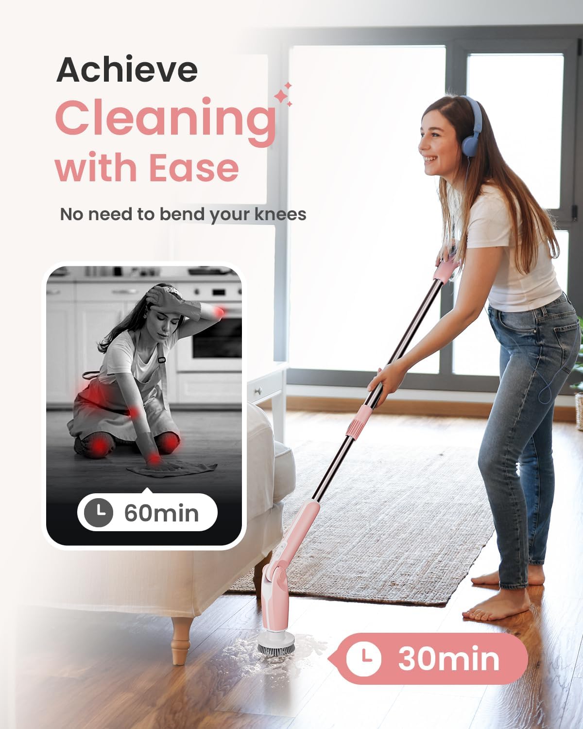 Leebein Electric Spin Scrubber, Shower Scrubber with 4 Adjustable Angles and 8 Brush Heads, Electric Scrubber with Long Handle & Remote Controller, Cleaning Brush for Bathroom, Tub, Floor (Pink)