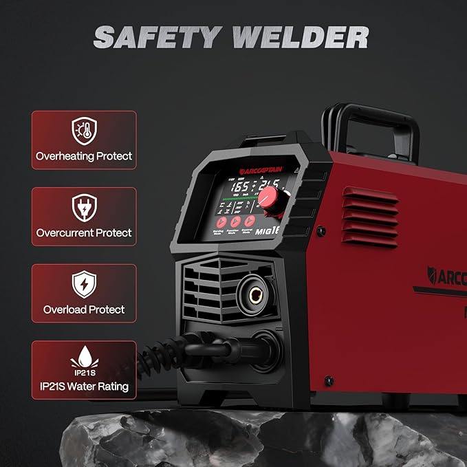 ARCCAPTAIN 165A MIG Welder 110V/220V, 2025 Newest [Large LED Display] 4 in 1 Gasless/Gas MIG/Lift TIG/Stick Welding Machine Multiprocess Welder Machine, IGBT Inverter Welder with Synergy, 2T/4T