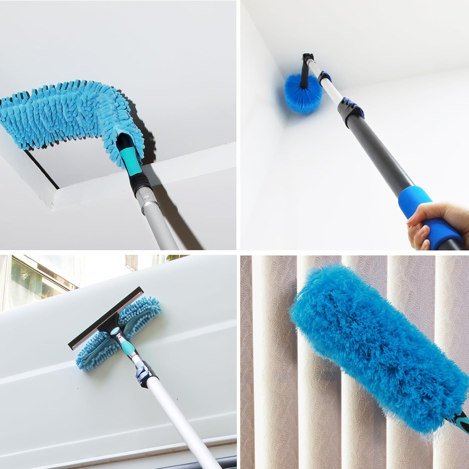 23FT High Reach Duster Cleaning Kit with Extension Pole, Ceiling Fan Cleaner Duster with 4-16.5 ft Telescoping Pole, 2 in 1 Squeegee for Window Cleaning, Spider Web Brush for Shower Glass Car Cleaning