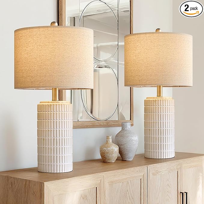 PoKat 24" Modern Ceramic Table Lamps Set of 2 for Bedroom, White Bedside Lamps for Night Stands, Farmhouse Desk Decor Nightstand Table Lamps for Living Room End Table Beige