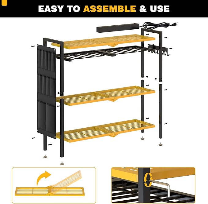 Large Power Tool Organizer Cart with Charging Station 8 Drill Holder Garage Storage Standing Heavy Duty and Stability Storage Rack Utility Tool Shelf (Yellow)